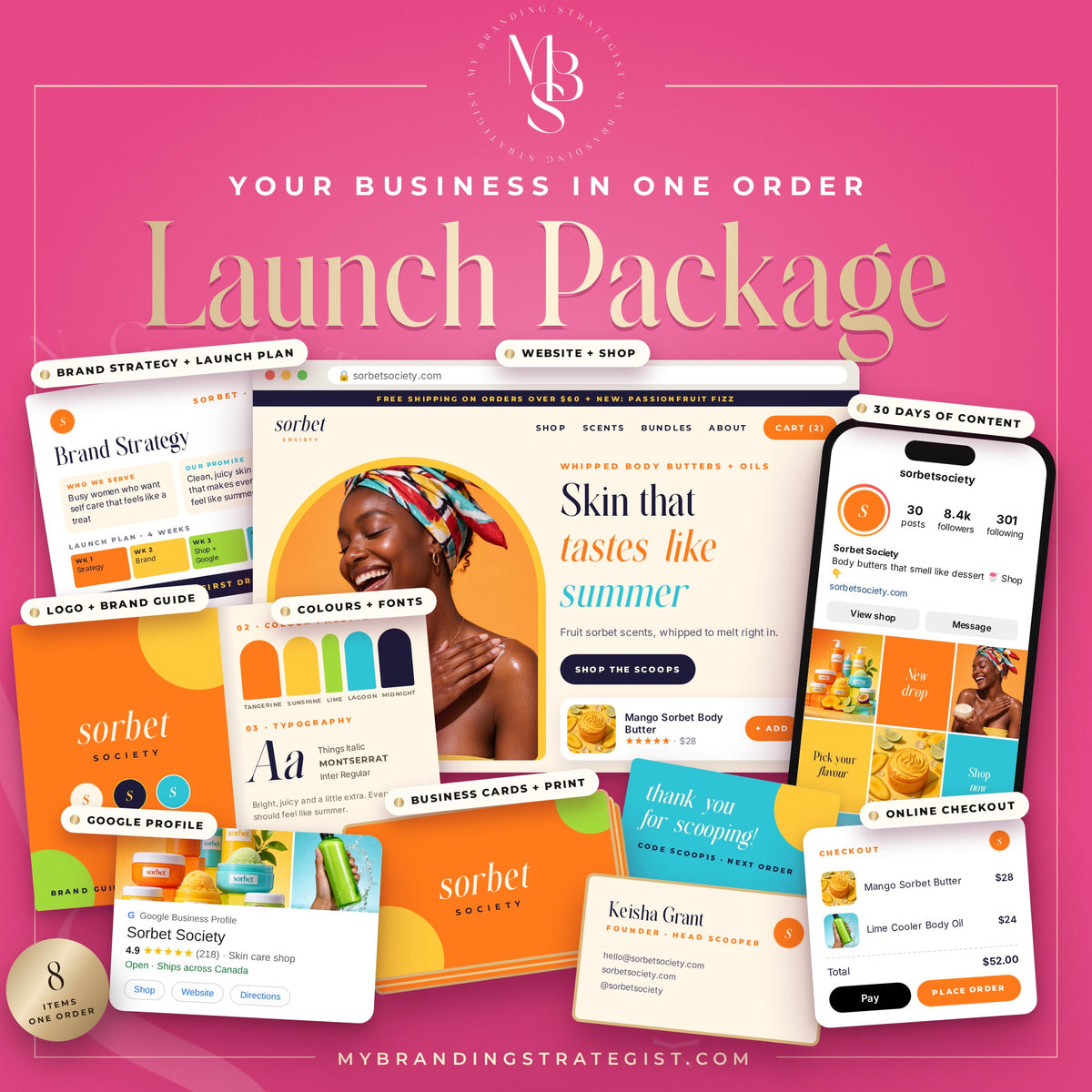 The Business Launch Package by My Branding Strategist: brand strategy, brand guide, website, Instagram content, business cards, Google profile and online checkout for one brand